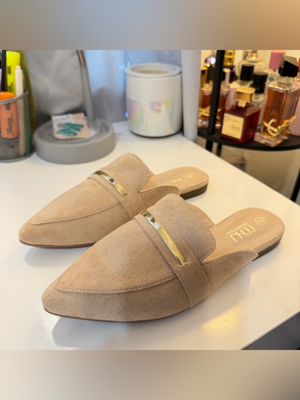Suede Slip-On Mule with Gold Accent - Beige